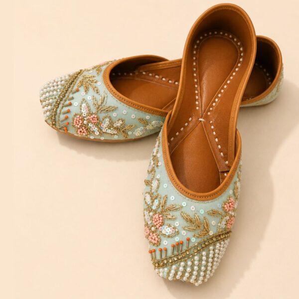 Sky Blue Leather Juttis with Pearl Beadwork, Gold Embroidery & Floral Sequin Detailing