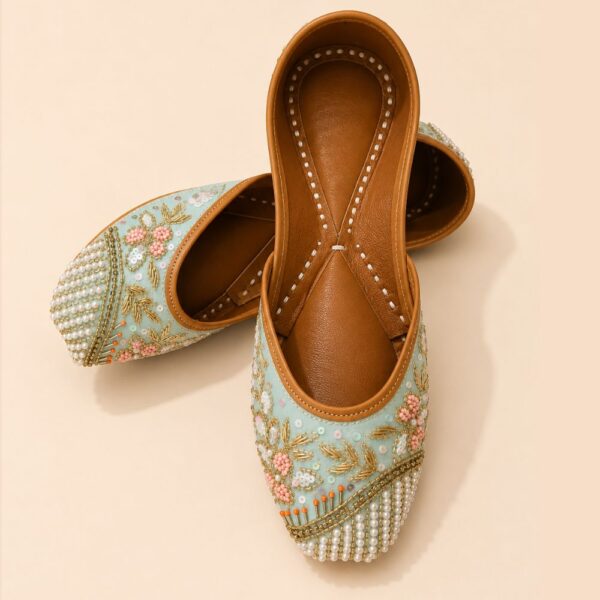 Sky Blue Leather Juttis with Pearl Beadwork, Gold Embroidery & Floral Sequin Detailing