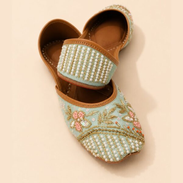 Sky Blue Leather Juttis with Pearl Beadwork, Gold Embroidery & Floral Sequin Detailing