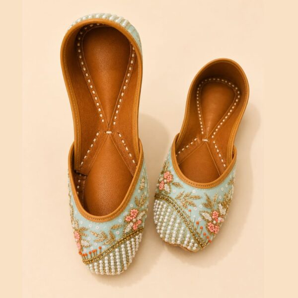 Sky Blue Leather Juttis with Pearl Beadwork, Gold Embroidery & Floral Sequin Detailing