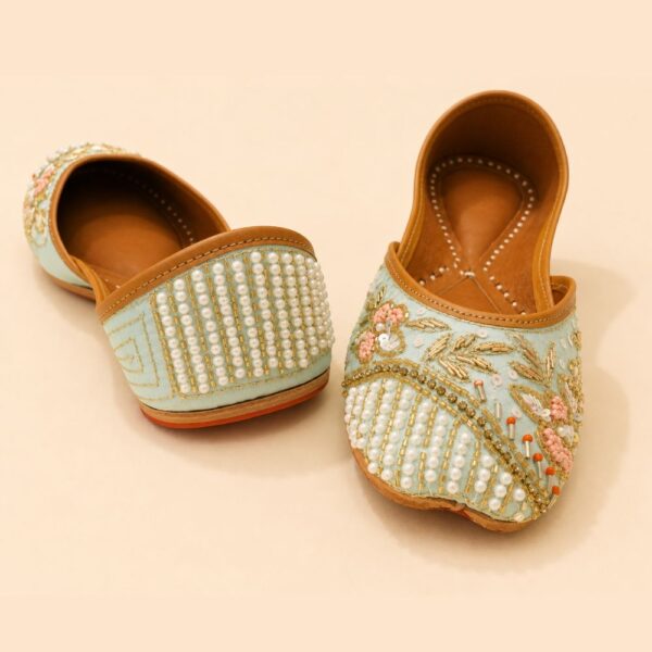 Sky Blue Leather Juttis with Pearl Beadwork, Gold Embroidery & Floral Sequin Detailing