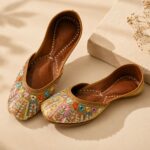 Beige Leather Juttis with Colorful Sequin Stripes & Multicolor Stone Embroidery