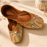 Beige Leather Juttis with Colorful Sequin Stripes & Multicolor Stone Embroidery