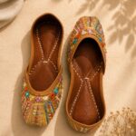 Beige Leather Juttis with Colorful Sequin Stripes & Multicolor Stone Embroidery