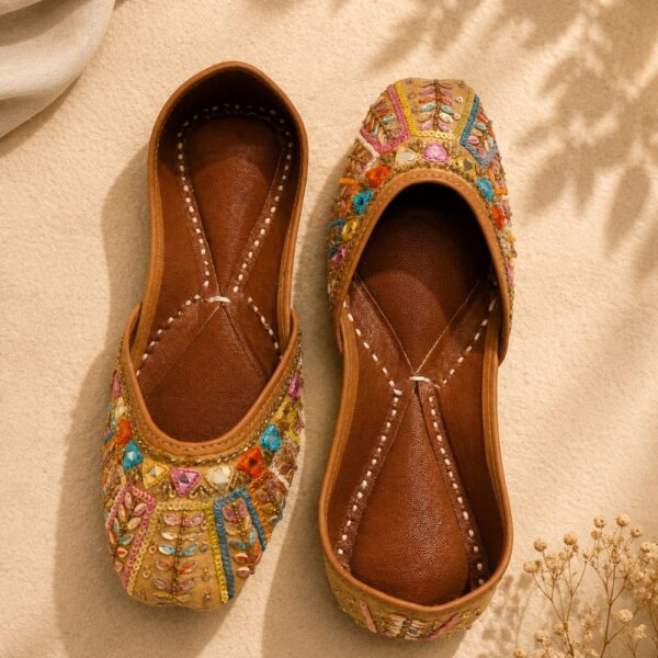 Beige Leather Juttis with Colorful Sequin Stripes & Multicolor Stone Embroidery