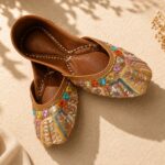 Beige Leather Juttis with Colorful Sequin Stripes & Multicolor Stone Embroidery