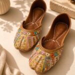 Beige Leather Juttis with Colorful Sequin Stripes & Multicolor Stone Embroidery