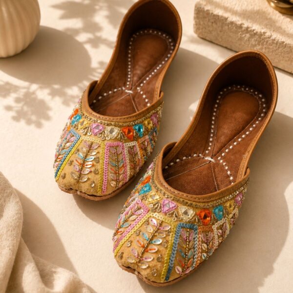 Beige Leather Juttis with Colorful Sequin Stripes & Multicolor Stone Embroidery