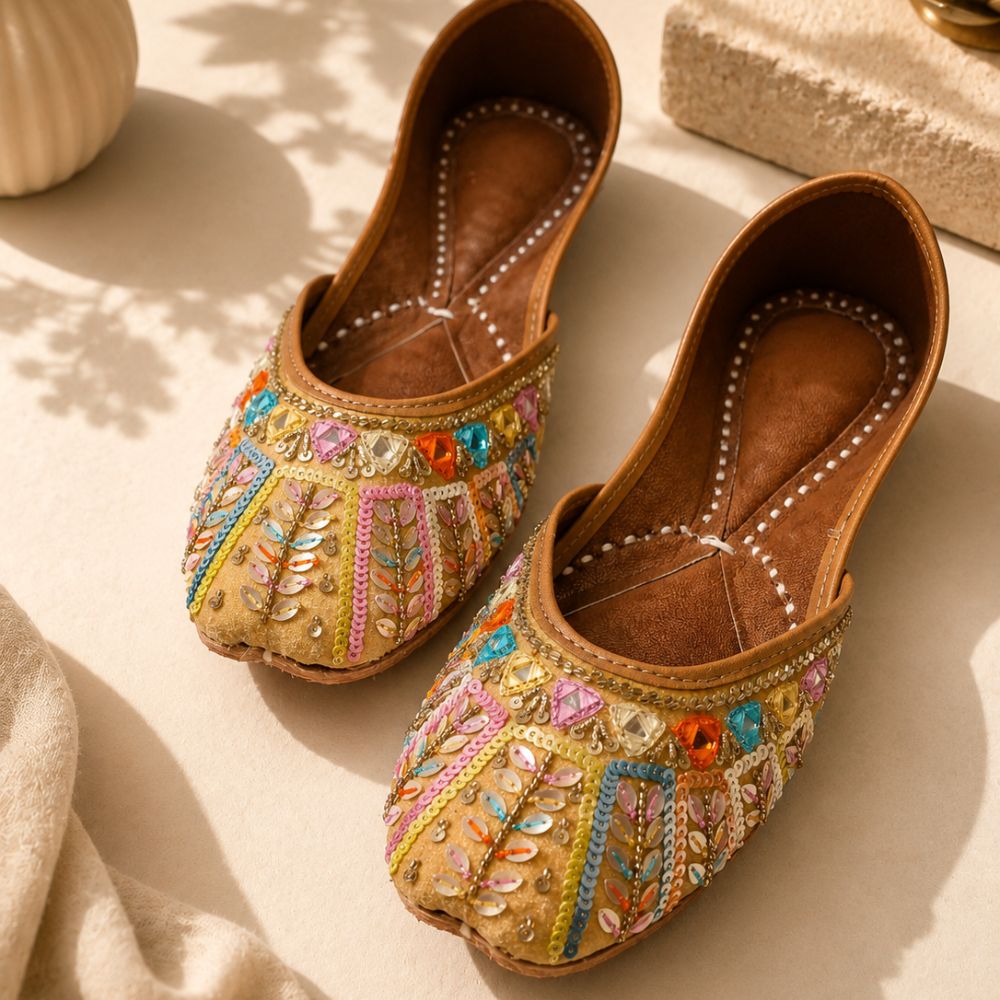 Beige Leather Juttis with Colorful Sequin Stripes & Multicolor Stone Embroidery