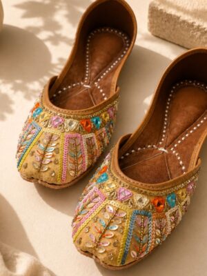 Beige Leather Juttis with Colorful Sequin Stripes & Multicolor Stone Embroidery