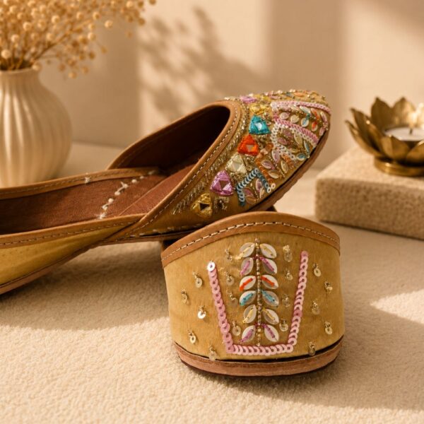 Beige Leather Juttis with Colorful Sequin Stripes & Multicolor Stone Embroidery