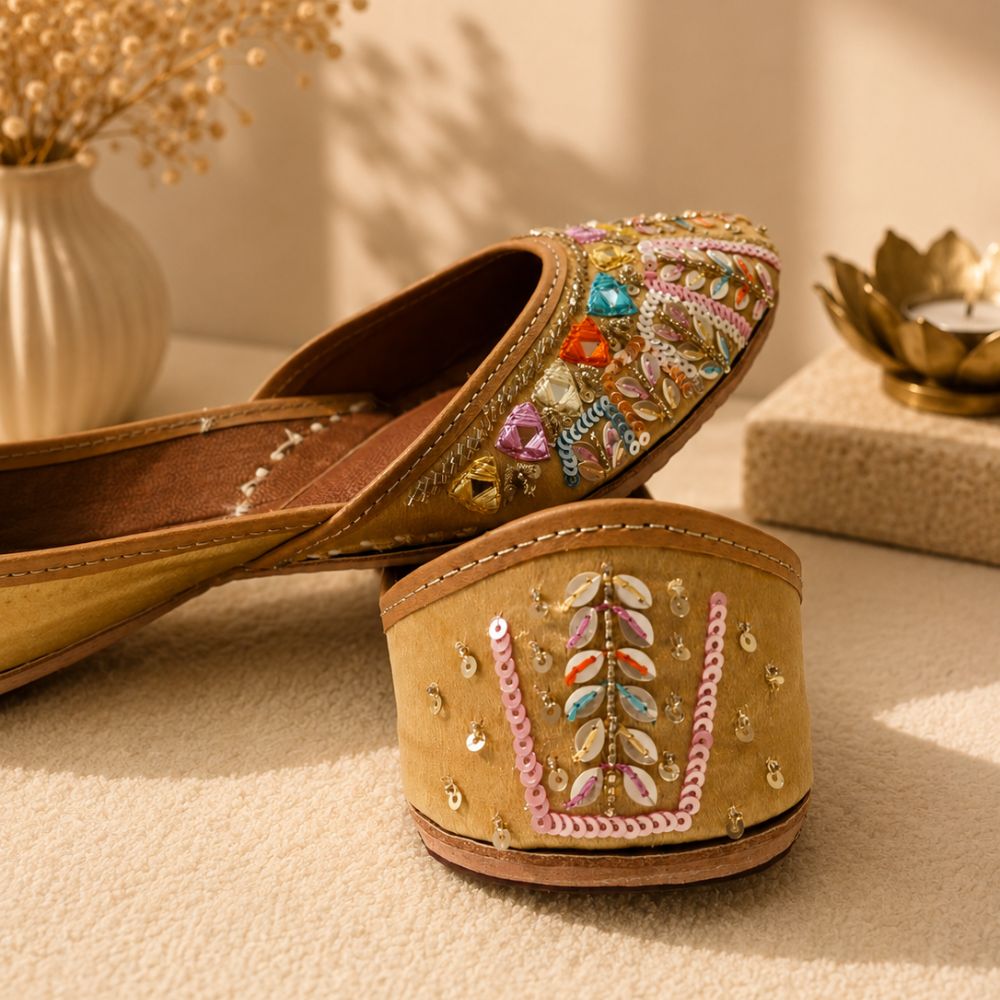Beige Leather Juttis with Colorful Sequin Stripes & Multicolor Stone Embroidery