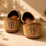 Beige Leather Juttis with Colorful Sequin Stripes & Multicolor Stone Embroidery