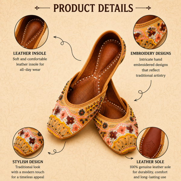Peach Leather Juttis with Floral Embroidery, Sequin & Beadwork