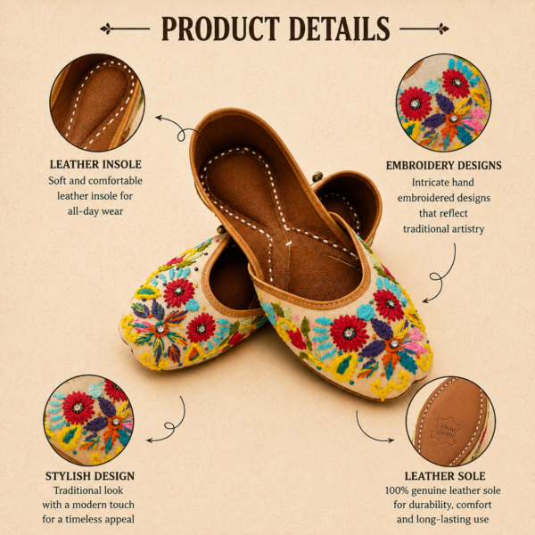 Beige Leather Juttis with Multicolor Floral Embroidery & Sequin Work