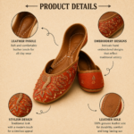 Rust Orange Leather Juttis with Traditional Gold Embroidery & Sequin Work