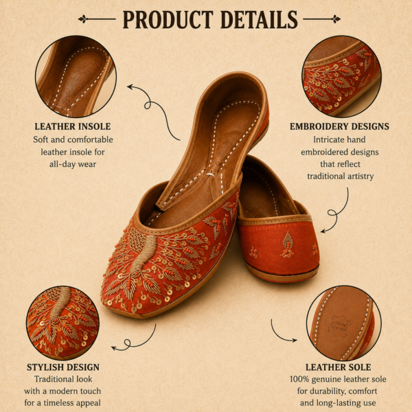 Rust Orange Leather Juttis with Traditional Gold Embroidery & Sequin Work