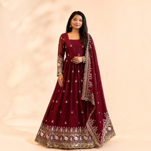 Majestic Maroon Silk-Blend Anarkali Suit Set with Heritage Elephant Border and Embroidered Dupatta