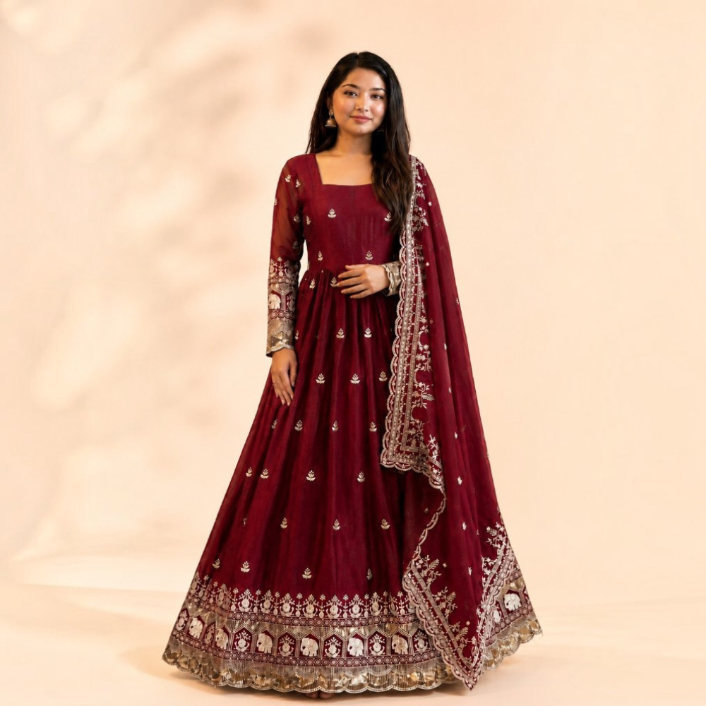 Majestic Maroon Silk-Blend Anarkali Suit Set with Heritage Elephant Border and Embroidered Dupatta