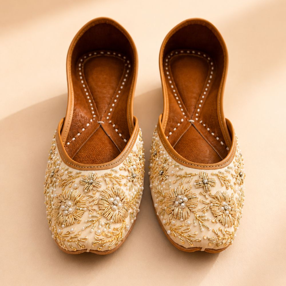 Handcrafted Ivory Pearl & Gold Zardozi Punjabi Jutti for Women