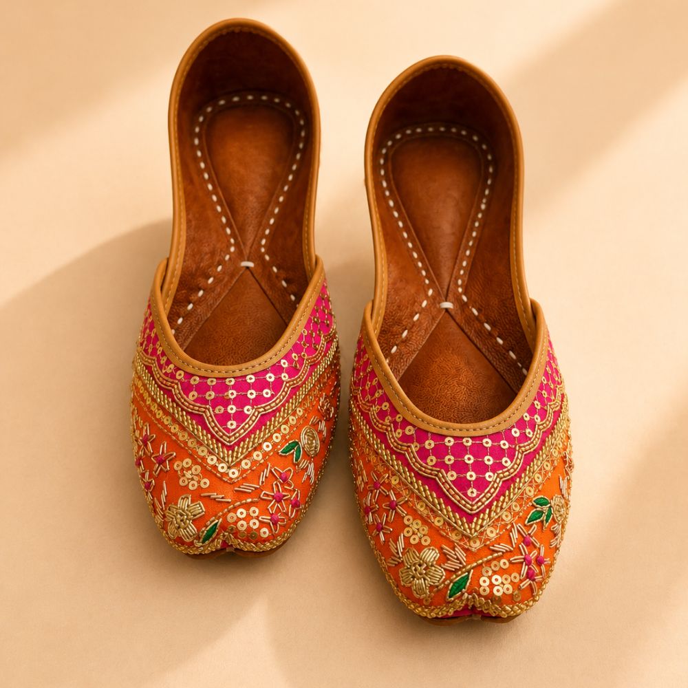 Handcrafted Pink & Orange Sequin Zardozi Punjabi Jutti for Women