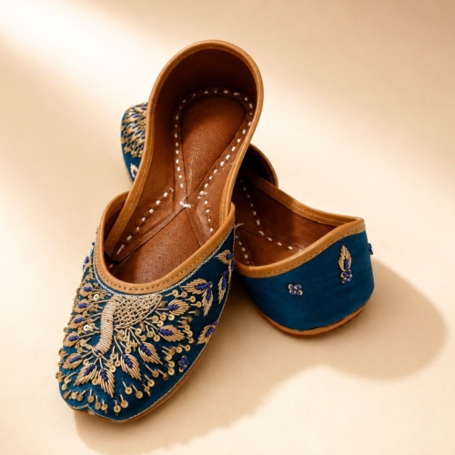 Handcrafted Royal Blue Peacock Zardozi Punjabi Jutti for Women