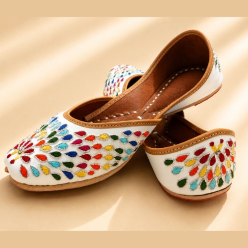 Handcrafted White Rainbow Teardrop Embroidered Punjabi Jutti for Women