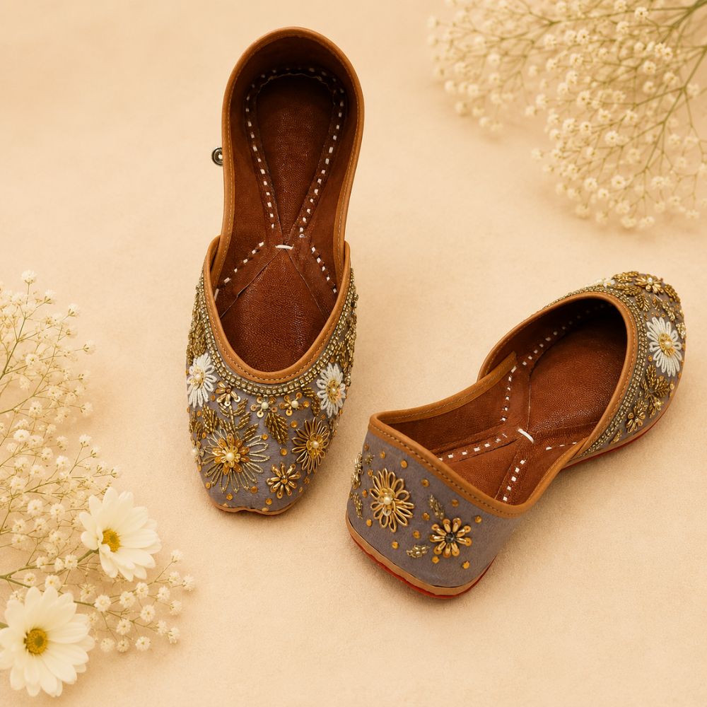 Handcrafted Grey Floral Zardozi & Pearl Punjabi Jutti for Women