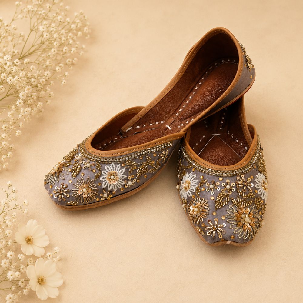 Handcrafted Grey Floral Zardozi & Pearl Punjabi Jutti for Women