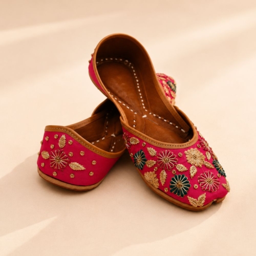 Handcrafted Rani Pink Floral Zardozi Punjabi Jutti for Women