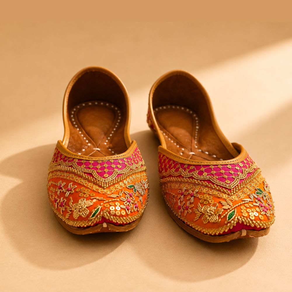 Handcrafted Pink & Orange Sequin Zardozi Punjabi Jutti for Women