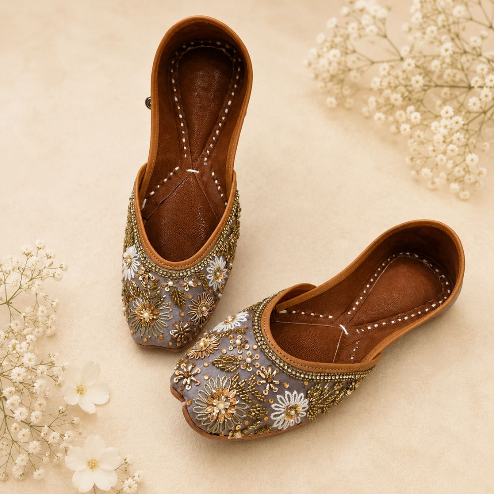 Handcrafted Grey Floral Zardozi & Pearl Punjabi Jutti for Women