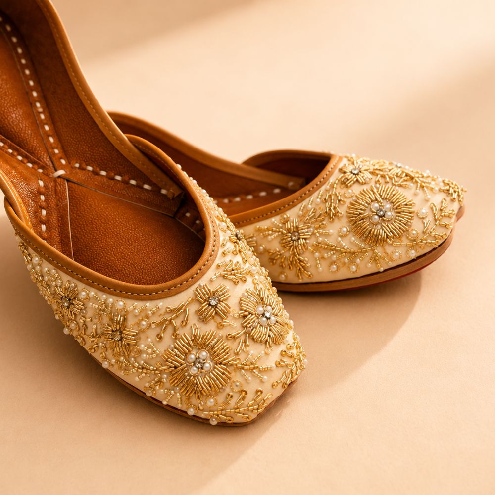 Handcrafted Ivory Pearl & Gold Zardozi Punjabi Jutti for Women