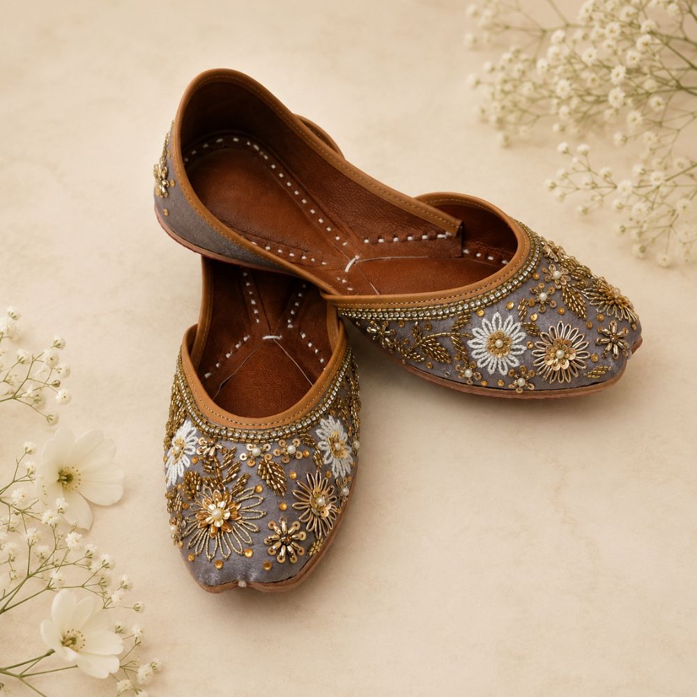 Handcrafted Grey Floral Zardozi & Pearl Punjabi Jutti for Women