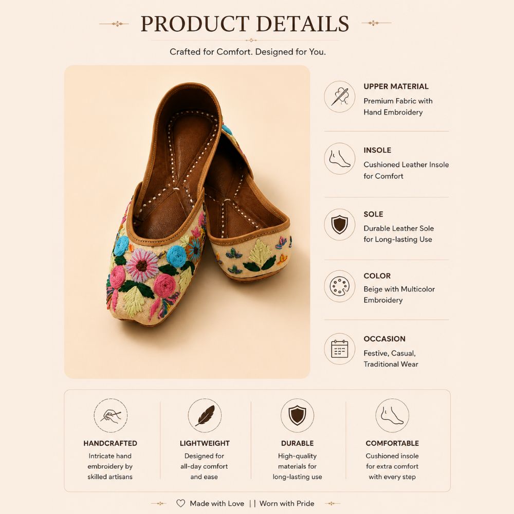 Handcrafted Cream Floral Threadwork Punjabi Jutti for Women