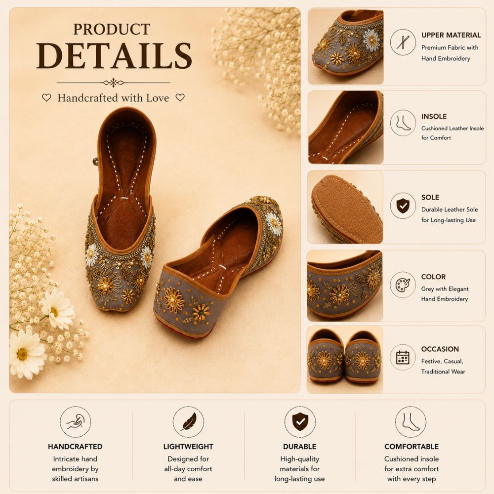 Handcrafted Grey Floral Zardozi & Pearl Punjabi Jutti for Women