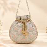 Embroidered Sequins Silver Pearl Handle Potli Bag