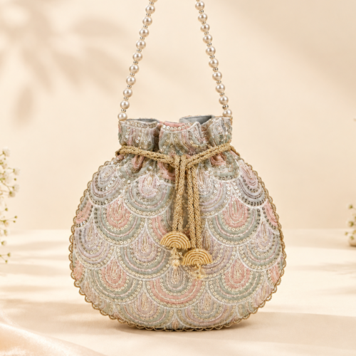 Embroidered Sequins Silver Pearl Handle Potli Bag