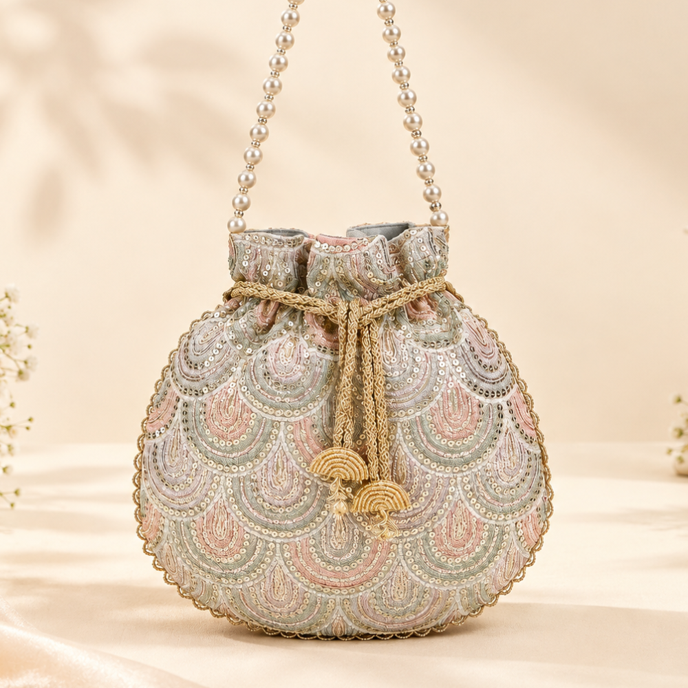 Embroidered Sequins Silver Pearl Handle Potli Bag