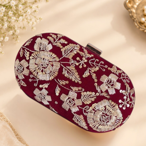 Maroon Embroidered Clutch Bag with Golden Floral Zari Work