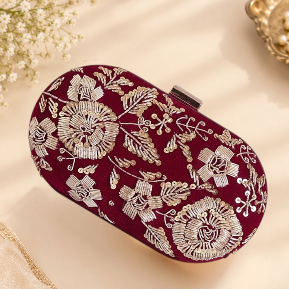Maroon Embroidered Clutch Bag with Golden Floral Zari Work