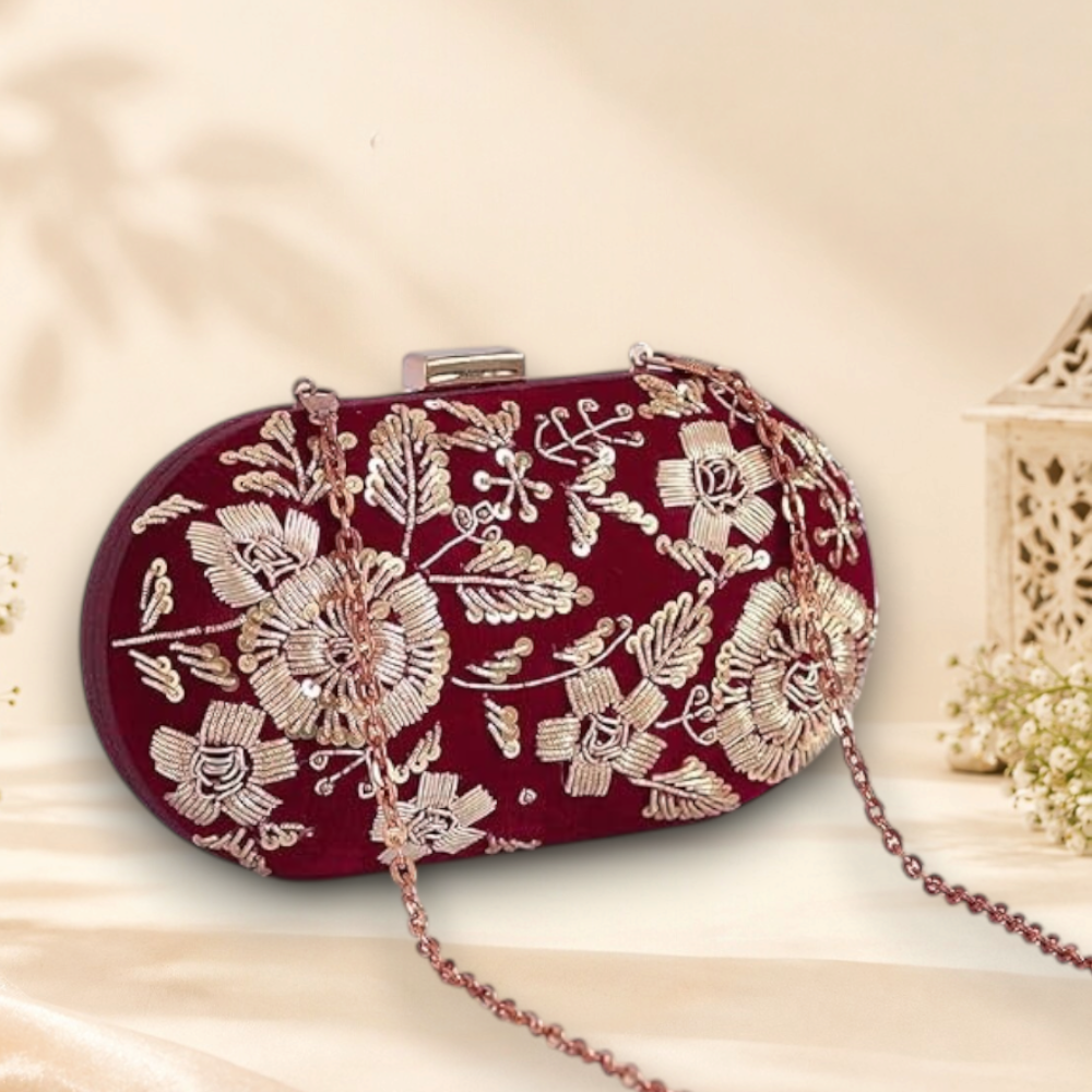 Maroon Embroidered Clutch Bag with Golden Floral Zari Work