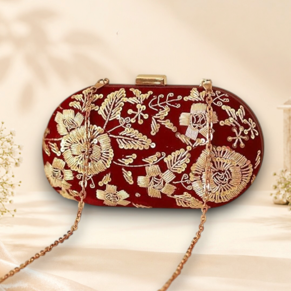 Maroon Embroidered Clutch Bag with Golden Floral Zari Work