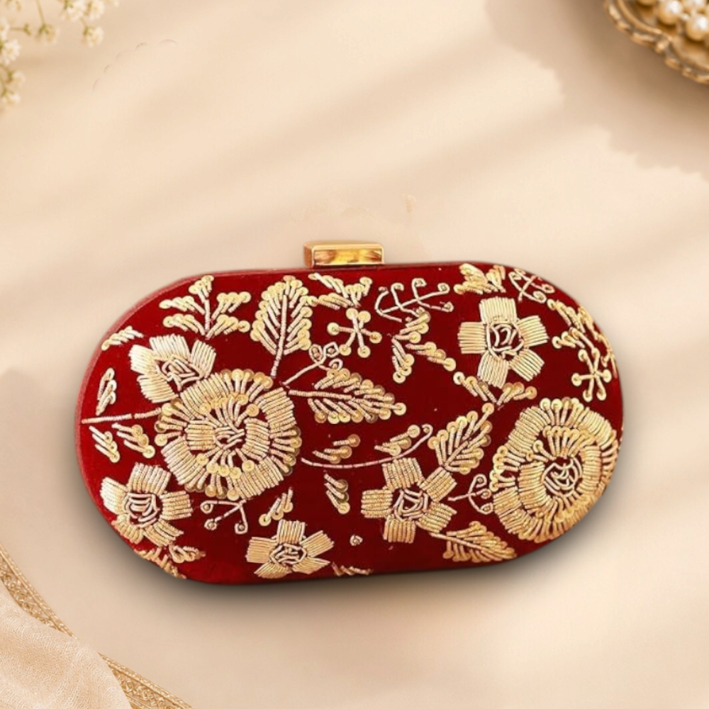 Maroon Embroidered Clutch Bag with Golden Floral Zari Work