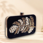 Black Hand Embroidered Leaf Clutch Purse