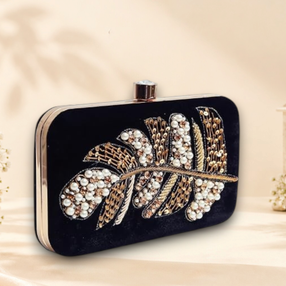 Black Hand Embroidered Leaf Clutch Purse