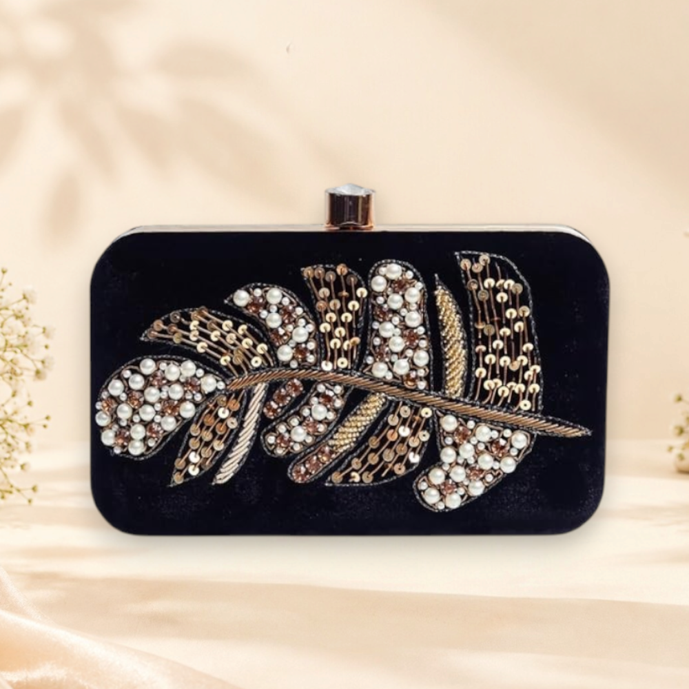Black Hand Embroidered Leaf Clutch Purse