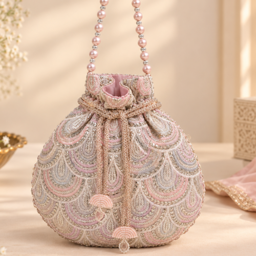 Handcrafted Embroidered Potli Bag Pearl Beaded Handle