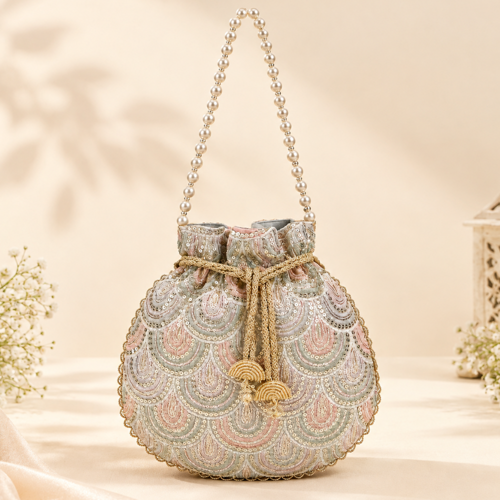 Embroidered Sequins Silver Pearl Handle Potli Bag