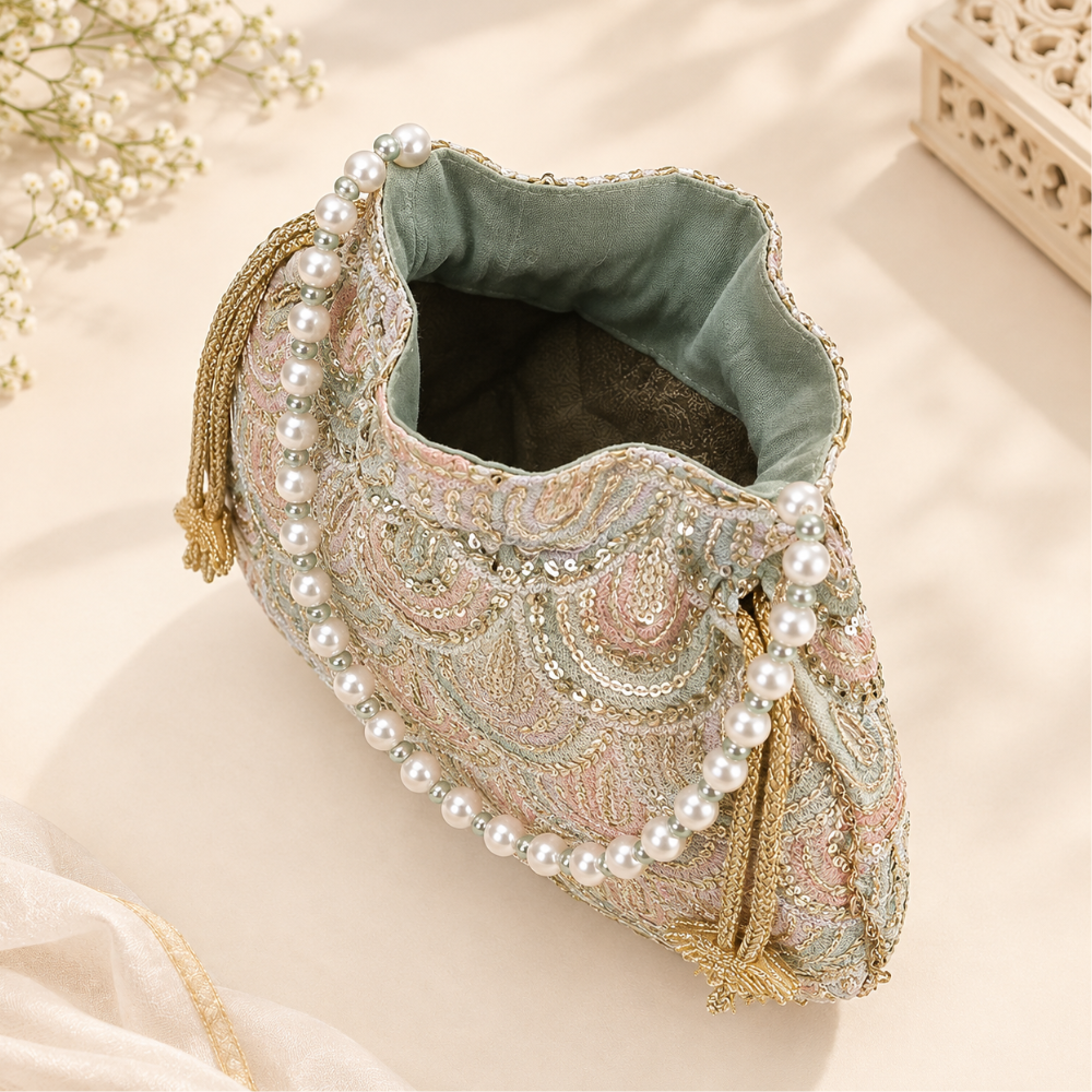Embroidered Sequins Silver Pearl Handle Potli Bag